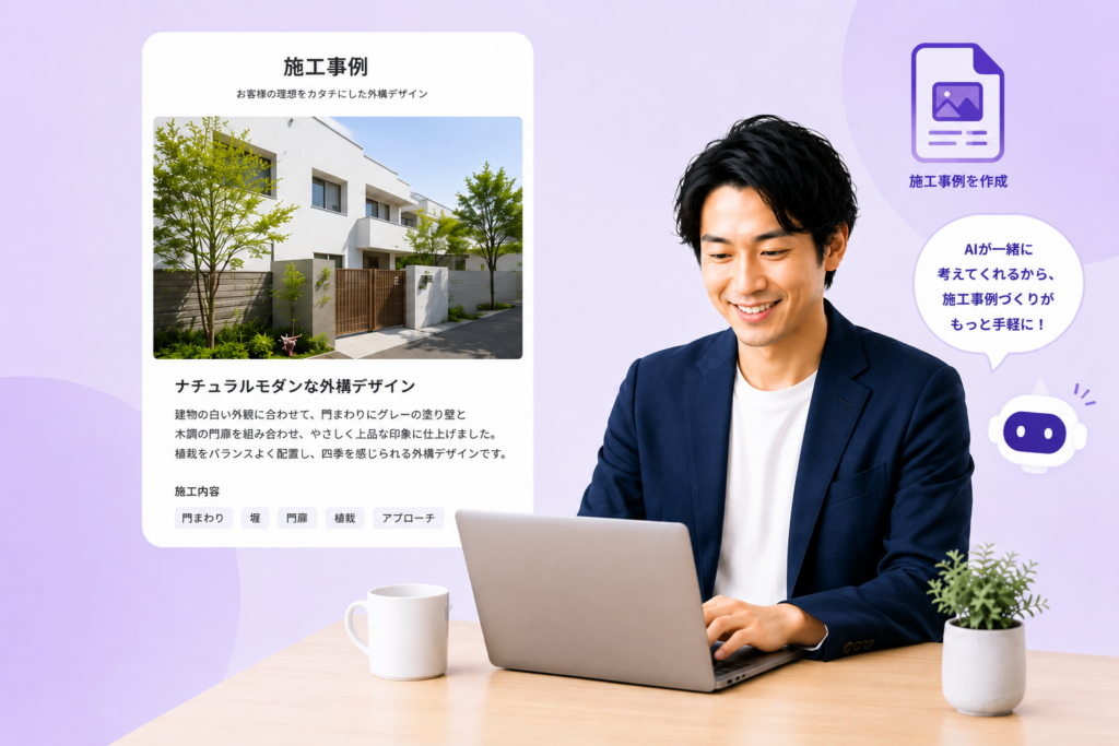 外構会社の施工写真からホームページ掲載用の施工事例作成をサポートするAI002 AI施工事例社員