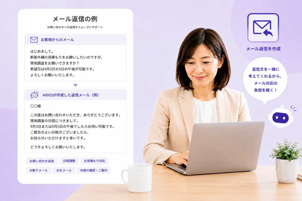 AI003 AI メール返信社員がお客様からの問い合わせ内容をもとに返信メールを作成するイメージ