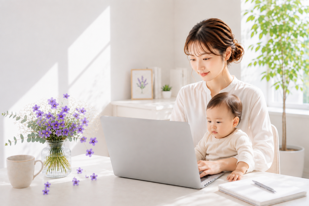 赤ちゃんと一緒にパソコンで作業する女性のイメージ