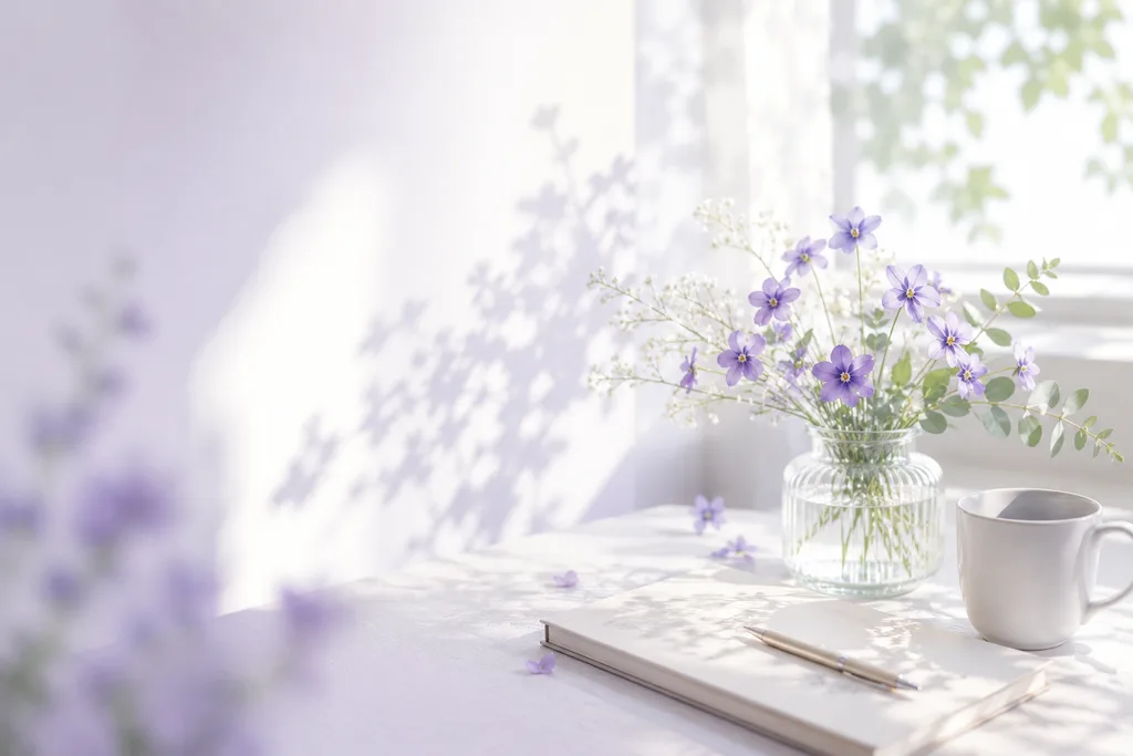 スミレの花とノートが置かれたSumiREについてページのイメージ