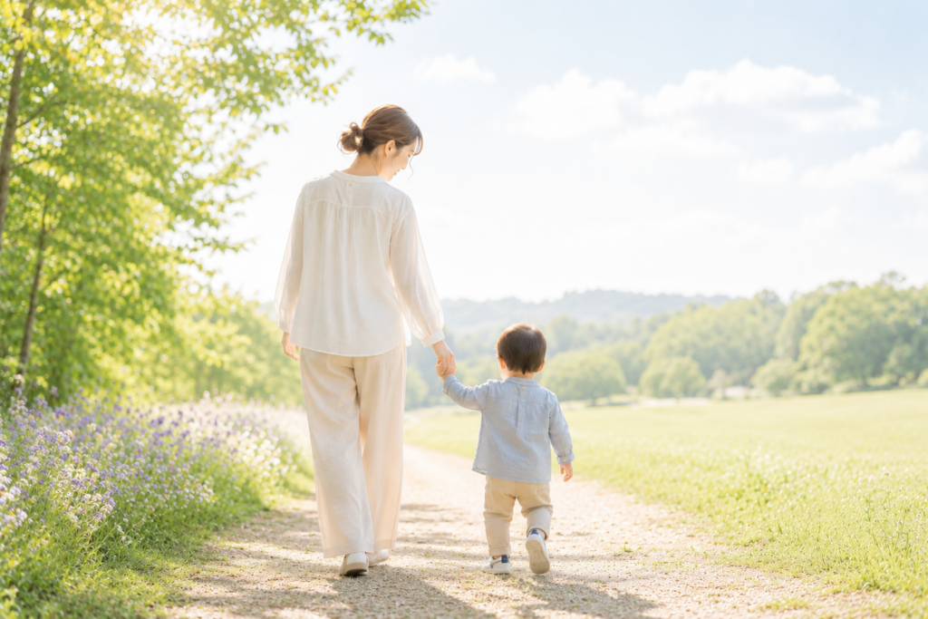 明るい未来へ向かって手をつないで歩く親子の後ろ姿