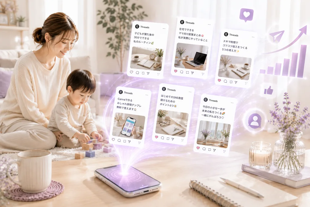 子どもとの時間を過ごしながらThreadsを活用して副業に取り組むママをイメージしたSumiRE Flow